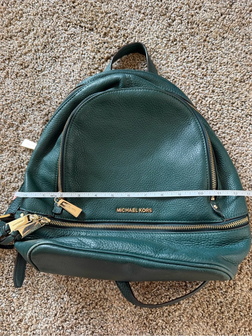 MICHAEL KORS Green Pebbled Leather Backpack Gold Hardware Zipper Inner Pocket